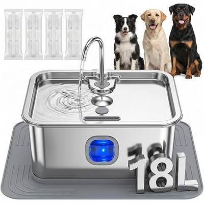 4.76 Gal Large Dog Water Fountain with XXL Non-Slip Mat & 4 Filters, 18L Stainless Steel Dog Fountain Water Bowl with Water Window & LED, Automatic Pet Water Bowl Dispenser for Large Dogs