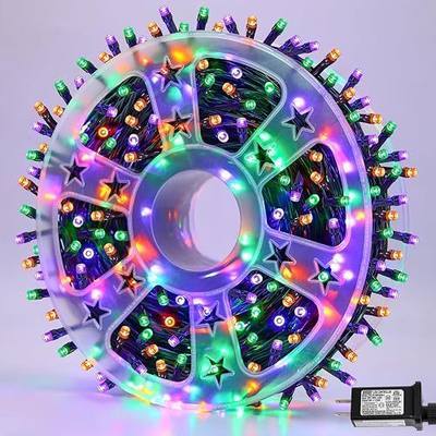 QITONG Halloween String Lights Outdoor Waterproof, 165ft 500 LED Orange Purple Green Christmas Lights for Outside with 8 Modes, Green Wire Twinkle Lights Plug in Indoor