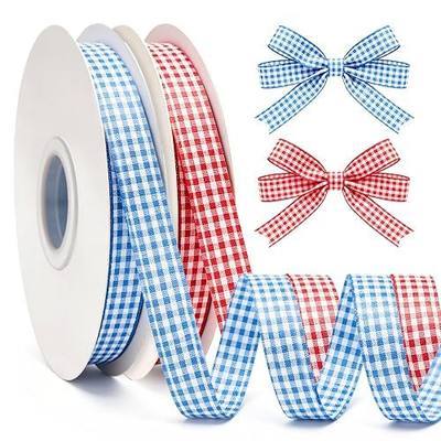 2 Rolls Gingham Ribbon - 3/8 Inch x 50 Yard/Roll Cute Ribbons Plaid Buffalo Checkered Ribbon for Gift Wrapping DIY Crafts Baby Shower Birthday Party Picnic Decor(Red & Blue)