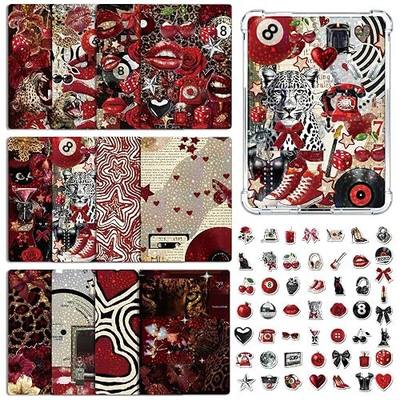 Rngmsi Insert Cardstock for Clear Case - 12Pcs Red Cherry Leopard Print Cardstock Inserts Compatible with Kindle Paperwhite 11th-12th, 50Pcs Vintage Y2K Stickers for E-Reader Clear Back Cover