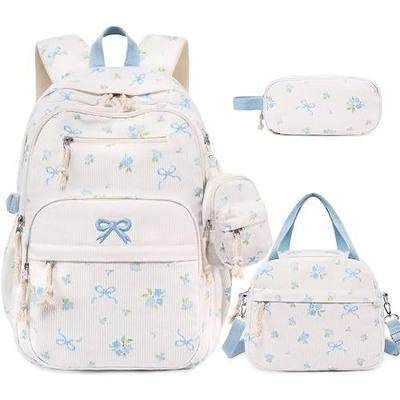 DIGOBAY Backpack for Girls, 4PCS Corduroy Girls Backpack with Lunch Box Pencil Pouch, Kids Embroidered Bow School Bookbag for Teens Girl Women Middle High School College Bag Laptop Travel Daypack