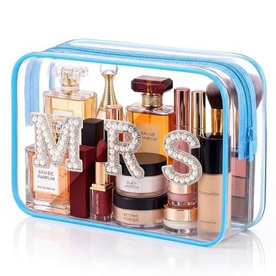 LEIFIDE Bride Clear Makeup Bag Wedding Gift Cosmetic Packet Mrs Pearl Bachelorette Toiletry Packet Wifey Pouch Rhinestone Letter PVC Travel Case Wifey Purse Portable (Mrs Style,Blue)