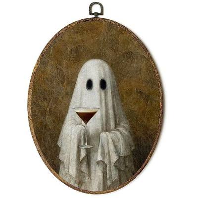 Lengues Halloween Ghost Bar Oval Wall Art Framed Hanging Decor 8.5x11.5In | Spooky Halloween Canvas Art Prints, Whimsical Gothic Ghost with Espresso Martini Wall Hanging Frame for Home Bar Decorations