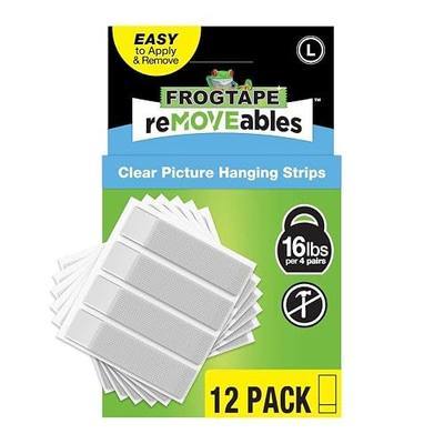 FrogTape reMOVEables Clear Picture Hanging Strips, Large, 12 Pairs, 12lbs per 4 Pairs, Damage-Free Removeable Adhesive Wall Strips Picture Hangers for Mounting Frames, Canvas, Home Décor (24 Pieces)
