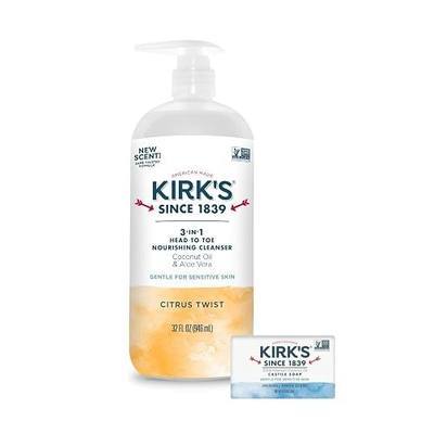 Kirk's Citrus Twist 3-in-1 Nourishing Cleanser and Travel Bar Soap, Shampoo Body Wash Bubble Bath, Coconut Oil and Aloe Vera, Vegan Non-GMO, 32 Fl Oz