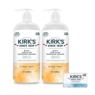 Kirk's Citrus Twist 3-in-1 Nourishing Cleanser and Travel Bar Soap, Shampoo Body Wash Bubble Bath, Coconut Oil and Aloe Vera, Vegan Non-GMO, 32 Fl Oz, Pack of 2