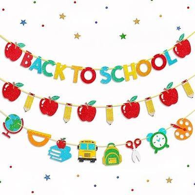 Back to School Banner, First Day of School Classroom Decorations | Pre-Strung, Apple and Pencil Garland, Welcome Back Banner, Bulletin Boards, Photo Backdrops, Colorful Letters