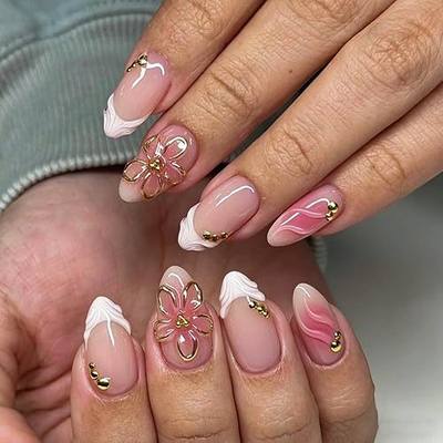 Handmade Press On Nails Almond Medium 30PCS Acrylic Fake Nails, French 3D Golden Flower & Bead Design Reusable False Nails for Women Girls Salon