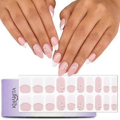 Semi Cured Gel Nail Strips Hema-Free French Tip Flower Pink Base | Real Gel Nail Polish UV Wraps for Brittle Nails | Long Lasting Easy Peel-Off Removal | 20-Piece Salon Kit with File & Stick