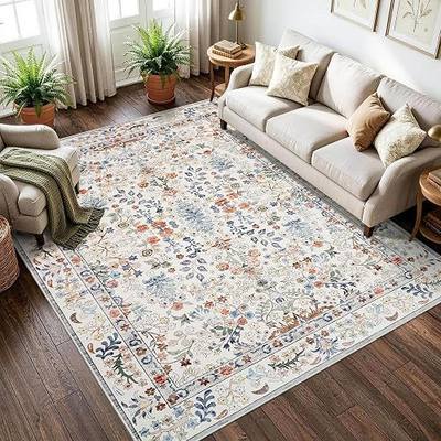 6x8 Area Rugs Washable Non-Slip: Low Pile Vintage Boho Rug for Living Room Bedroom Dining Room Nursery Home Office - Stain Resistant Soft Carpet for Busy Families Rentors(6'x8' Beige)