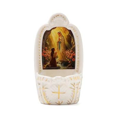 KOMI Porcelain Our Lady of Lourdes Catholic Holy Water Font for Entrance of Home Church Wall Hanging Decor Religious Gift Blessed Mother Mary Holy Water Holder
