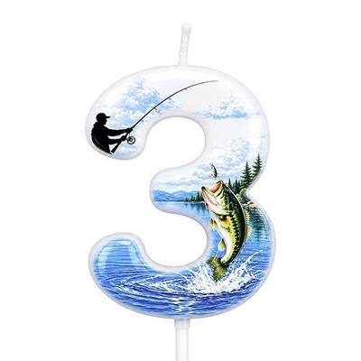 Fishing Number 3 Birthday Candle, Fishing Birthday Party Decoration for Cake, Fish Theme Birthday Cake Topper, Fisherman Birthday Party Supplies for Cake Decoration