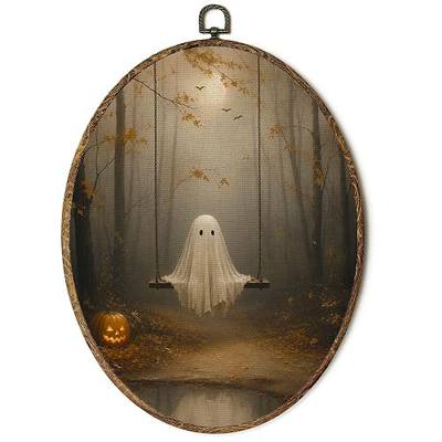 Lengues Moody Halloween Ghost Oval Wall Art Framed Hanging Decor 8.5x11.5In | Rustic Halloween Canvas Art Prints, Spooky Gothic Forest Ghost on Swing Wall Hanging Frame for Home Living Room Decorations