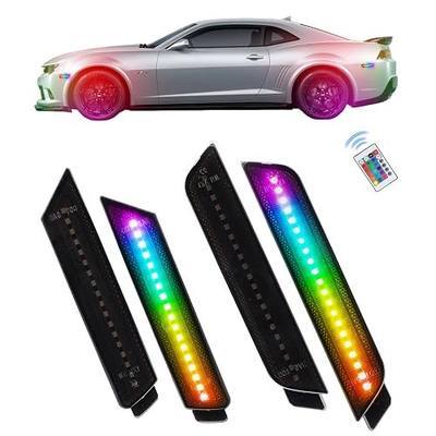 RGB LED Side Marker Lights for Che-vy Camaro 2010 2011 2012 2013 2014 2015, 16 Color & 4 Modes Front Rear Smoked Lens Bumper, Waterproof RGB Side Marker Lamps with 24-Key Remote, 4PCS