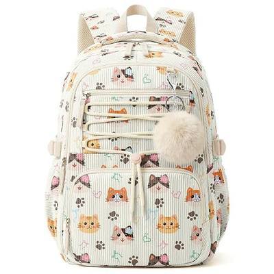 WOBAGMEN Corduroy Backpack for Girl Kids,Cute Aesthetic School Backpack with Multi-Pocket,Lightweight Bookbag Fits 15.6" Laptop,Large Capacity Casual Daypacks for Middle High School College,Cute Cat