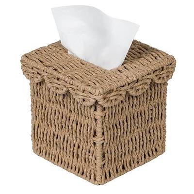 CubesLand Square Wicker Tissue Box Cover W/Scalloped Lid for Home Decor | Handwoven Rattan Facial Tissues Boxes Fits Living Room Table Decor, Rustic Farmhouse Boho Bathroom Decorative, Neutral