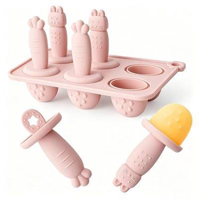 ROCCED Silicone Popsicle Mold, 100% Food Grade Silicone Ice Pop Maker with 6 Cavities, Homemade Frozen Treat Mold with Bunny & Carrot Handle Spoons, Easy Release Reusable Popsicle Maker-Blush