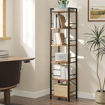 Book Shelf, 6-Tier Tall Bookcase for Small Space, Storage Shelves | Book Shelf Storage Organizer with Side Rails, Metal and Wood, for Living Room, Bedroom, Office, Rustic Brown & Black