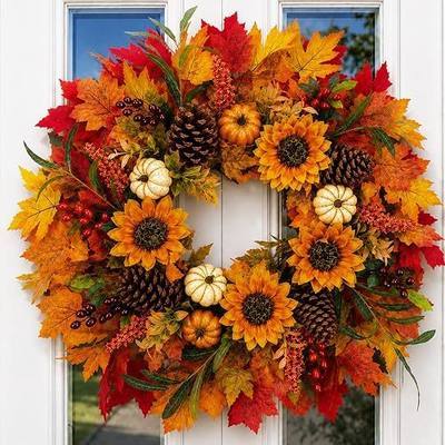 28 Inch Large Fall Sunflower Wreath for Front Door with Caramel Sunflowers | Handmade Autumn Harvest Wreath with Pinecones, Olive Branches, Pumpkins & Maple Leaves, Full Farmhouse Thanksgiving Décor