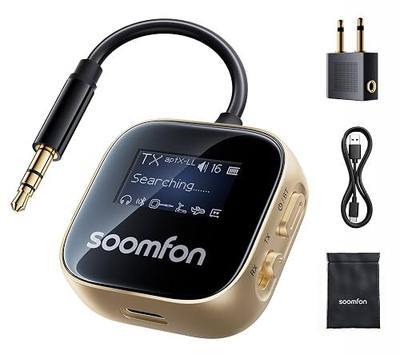 SOOMFON aptX-LL Bluetooth 5.3 Transmitter Receiver for TV to 2 Airpods or Headphones aptX-HD Airplane Bluetooth Adapter Low Latency with LCD Display 3.5mm for Plane Flying Gym Car Home Stereo System