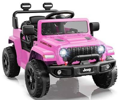 First Ride On 12V Licensed Jeep Wrangler Rubicon Ride on Jeep Electric Vehicle, Remote Control Electric Car for Toddler W/LED Lights, Bluetooth, 3 Point Safety Belt, Treaded Tires (Pink)