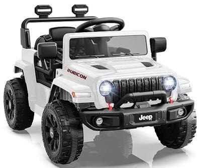 First Ride On 12V Kids Ride on Toys, Licensed Jeep Wrangler Rubicon Ride on Truck, Compact Toddler Remote Control Electric Car W/ 3 Point Safety Belt, Bluetooth, LED Lights & Treaded Tires (White)