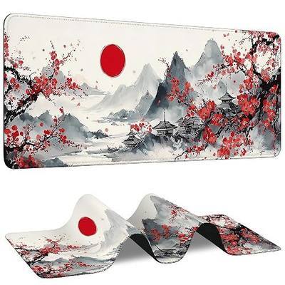 Cherry Blossoms Large Gaming Mouse Pad,Japanese Mountain with Red Sun Extended Desk Mat with Stitched Edges,Waterproof Non-Slip Rubber Base Keyboard Mousepad for Home Office Gamers,31.5" x 11.8"