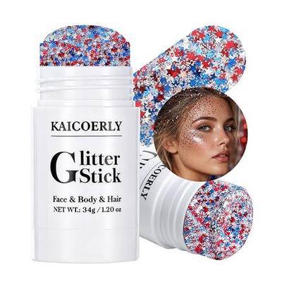 Star Face Body Glitter Stick, Red White Blue Holographic Sequins, Patriotic USA Flag Sparkling Glitter Stick for Face Body Hair, 4th of July Independence Day Makeup Decor for Women