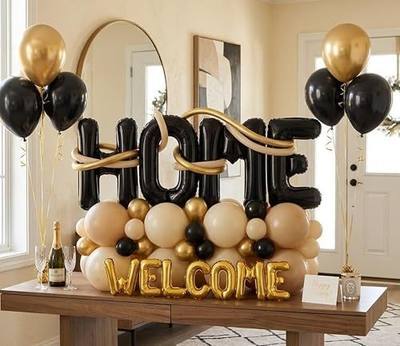 Housewarming Party Decorations - Welcome Home Balloon Balloon Banner 40" Black HOME & 16" Gold Welcome Foil White Gold Balloons for New Home Closing Sweet House Warming Homecoming Party