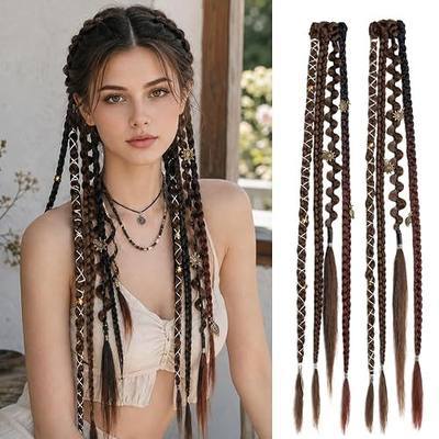 16“ Clip in Dreadlocks Hair Extensions for Women (Light Brown Mix) | 2Pcs Clip in Braids with Beads & Charms, Synthetic Boho Braided Hair Extensions for Festival, Cosplay & Daily Wear