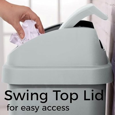 13 Gallon Kitchen Trash Can with Removable Swing Top Lid, Plastic, Rectangular, Gray, Wastebasket for Kitchen, Bathroom, Garage, Office