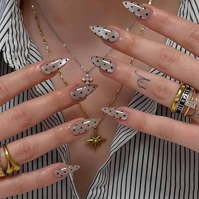 Polka Dot Press on Nails Medium Almond Fake Nails Black Dot False Nails Full Cover Glossy Acrylic Nails Cute Black Polka Dot Stick on Nails for Women Summer Manicure,Reusable | Easy Apply | 24Pcs