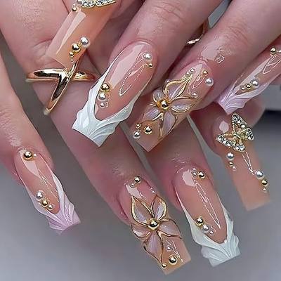 3D Floral Press on Nails Long Square Fake Nails with White French Tip Gold Flower Beads Pearl Design Butterfly Charms Artificial Gold Floral Acrylic Nails False Nails for Women Nail Decoration 24Pcs