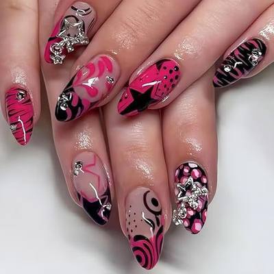 Hot Pink French Tip Press on Nails Medium Almond Fake Nails with Silver Star Rhinestones Y2K Black Curve Lines False Nails Reusable Glossy Star Charms Glue on Nails DIY Manicure Kit for Women 24Pcs