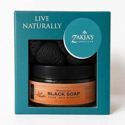 Zakia's Moroccan Glow Ritual Amber Musk Black Soap (8.5 oz) + Authentic Kessa Exfoliating Glove