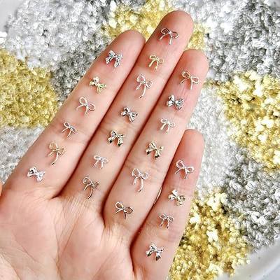 120Pcs Metal Bows Nail Charms 3D Golden Bow-Knot Nail Rhinestones Alloy Bow Charms for Nails Sliver Bows Nail Gems Cute Bow Knot Nail Jewelry Shiny Bow Nail Supplies for Women Manicure Decoration DIY