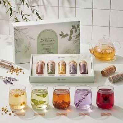 KKOKDAM Lovely Forest Herb Tea Gift Set - 5 Caffeine-Free Loose Leaf Teas in Glass Jars (Rooibos, Peppermint, Chamomile, Lavender, Hibiscus) - Korean Tea Gift Box 0.88oz