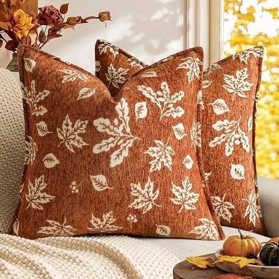 Foindtower Pack of 2 Decorative Fall Chenille Jacquard Throw Pillow Covers Textured Modern Farmhouse Cushion Cover Accent Autumn Home Decor for Sofa Chair Couch Bed Living Room,18×18 Inch,Rust Orange