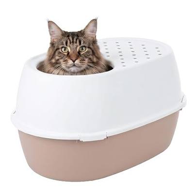 IRIS USA XX-Large Top Entry Cat Litter Box, Dog Proof, Beige/White | Extra Large, Heavy Duty Plastic, Big Cats, Secure 4-Buckle Lock, Tracking Control Lid, Quick Cleanup