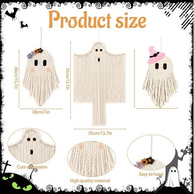 Remagr 3 Pcs Halloween Macrame Ghost Bat Wall Decor Handmade Ghost Wall Hanging Halloween Boho Decorations, Spooky Season Decor for Home Decorations (Classic)