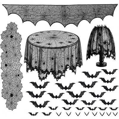36 pack Halloween Decorations Tablecloth Runner Black Lace Round Spider Cobweb Table Cover Fireplace Mantel Scarf Spiderweb Fireplace Scarf Spider Lampshade with Scary 3D Bat for Halloween Party