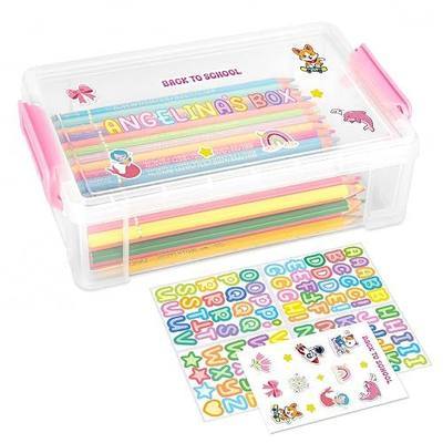 Large Plastic Clear Hard Pencil Box Case for Kids Girls Boy with Stickers | Cute Personalized Crayon Marker Pen Case Box Classroom Desk Organizer Storage Box For Craft, Art, School Office,(Pink)