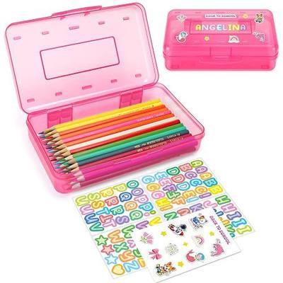 Clear Plastic Colored Hard Pencil Box Case For Girl Boy kids with Stickers | Cute Personalized Special Pen Case Box For Marker Crayon,School Art Supplies Storage Organizer Box, Medium Size,(Pink)
