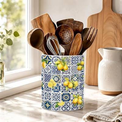 AUSTAB Kitchen Utensil Holder, 6.3" Porcelain Kitchen Utensil Holder for Countertop, Blue Tiles Yellow Lemon Kitchen Utensil Organizer for Spatulas, Spoons, Ladles, Decorative Counter Utensil Crock