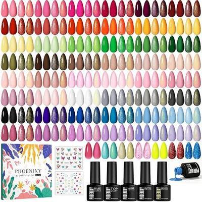 phoenixy 60 PCS Gel Nail Polish Set, 55 Colors with Base Coats & Top Coat | Green Blue Red Pink Brown Yellow Gifts for Women