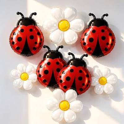 Ladybug & Daisy Foil Balloon Set, 8PCS Lady Bug Balloons with Flower Balloons for Ladybug Birthday Party Decorations, Love Bug Baby Shower, One Cute Bug First Birthday, Spring Garden Party Decor