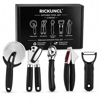 Kitchen Tool Set, 5-Piece Kitchen Gadgets Set with Pizza Cutter, Can Opener, Garlic Press, Ice Cream Scoop & Vegetable Peeler, Premium Heavy Duty Stainless Steel Kitchen Essentials Gift Set