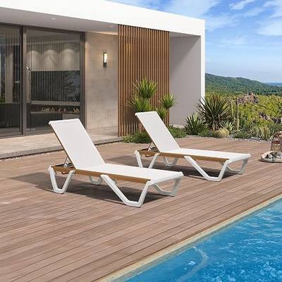 PURPLE LEAF Pool Lounge Chair Plastic Chaise Lounger Chair Set of 2, White | Wood grain aluminum frame, 2×2 tight for anti-sag, anti-tear, Rust & anti-crack PP-GF plastic legs, Stackable storage