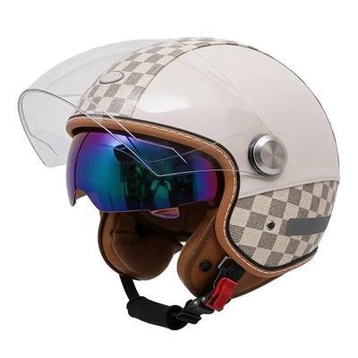 Leather Motorcycle Helmet Dual Visor 3/4 Open Face Motorcycle Helmet for Men & Women, DOT Approved Unisex Retro Half Helmet,Motorbike Casco for Moped Cruiser