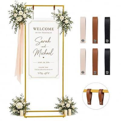Wedding Welcome Sign Stand, 79" Extra-Tall Height - Gold Metal Sign Holder with 6 Leather Straps, Easel Stand for Seating Charts & Event Décor